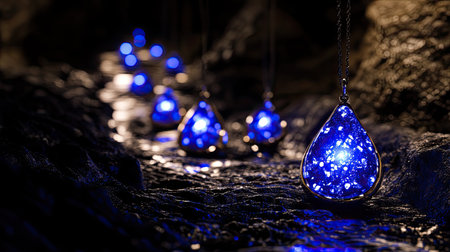 Stunning blue gemstone pendants dangle gracefully over a shimmering water surface, creating a magical atmosphere enhanced by star-like glows and dark surroundings.の素材