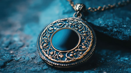 A beautifully designed vintage locket featuring intricate floral patterns and a striking black gemstone. Perfect for fashion, gift, or keepsake use.の素材