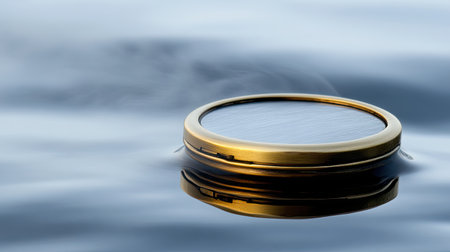 A captivating image of a circular solar device gently floating on a serene water surface, reflecting soft light and creating a tranquil atmosphere.の素材