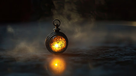 This striking image features an antique pocket watch with a glowing interior set in a dreamy atmosphere. Soft smoke and reflections enrich the scene, creating a nostalgic and mysterious ambiance perfect for artistic projects.の素材