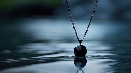 Captivating image of an elegant black pendant necklace suspended over calm water, creating a serene reflection and a tranquil atmosphere.の素材
