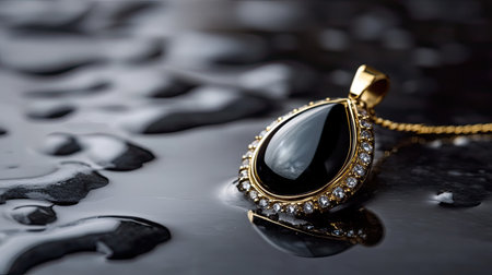 A stunning black pendant necklace featuring a teardrop design with gold trim and sparkling stones, set against a sleek background with water droplets.の素材