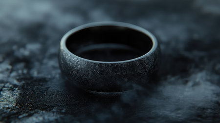 A dark metallic ring rests on a textured surface with a soft smoke effect swirling around. This image captures elegance and minimalism, perfect for themes of love or commitment.の素材