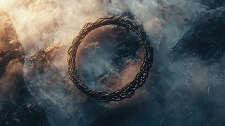 This captivating image features an abstract circular structure set against a backdrop of swirling clouds, creating a visually stunning contrast of light and shadow.の素材