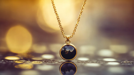 A stunning gold necklace featuring a round black gemstone pendant shines beautifully against a soft bokeh background, ideal for showcasing elegance and luxury.の素材