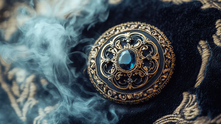 This captivating image features an intricate vintage brooch adorned with a striking blue gemstone, enveloped in delicate wisps of smoke, all resting on luxurious black fabric.の素材