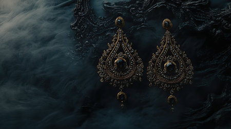 This image showcases a pair of elegant vintage gold earrings featuring intricate designs and rich detail, set against a dark and mystical background.の素材