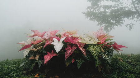 A serene moment in nature featuring a vibrant display of colorful leaves and plants, surrounded by misty fog, creating a tranquil atmosphere.の素材