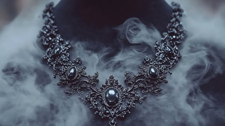 This stunning black lace necklace features intricate details and pearls, enveloped in a mystical smoke, creating an alluring and atmospheric presentation suitable for artistic themes.の素材