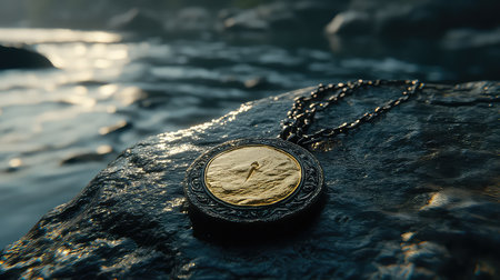 This enchanting image showcases an antique gold pendant necklace elegantly resting on a rock near a serene stream, illuminated by soft natural lighting.の素材