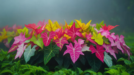 A stunning display of tropical leaves in vibrant pink and green hues, surrounded by a soft mist, creating a serene atmosphere in a lush garden setting.の素材