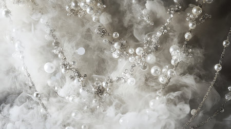 This captivating image showcases a delicate pearl necklace entwined in soft white smoke, creating an ethereal atmosphere perfect for fashion shoots or elegance-themed projects.の素材
