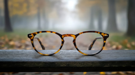 This image features stylish tortoiseshell glasses resting on a wooden bench, set against a misty forest path adorned with autumn foliage. The serene atmosphere captures a tranquil moment in nature, blending fashion with the beauty of seasonal change.の素材