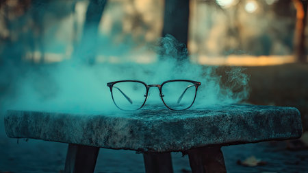 A pair of stylish glasses rests on a weathered stone table, enveloped by swirling smoke in an enchanting outdoor setting. The atmosphere evokes a sense of calm and mystery.の素材
