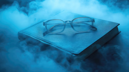 A pair of glasses elegantly rests on a book, enveloped in soft blue fog and smoke. The scene evokes a sense of mystery and tranquility, ideal for educational or artistic themes.の素材