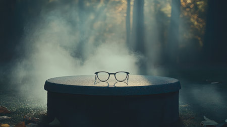A pair of eyeglasses elegantly rests on a circular surface, enveloped by mystical fog and illuminated by soft forest light, creating a tranquil atmosphere.の素材