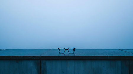 A pair of stylish glasses rests on a smooth surface, surrounded by a serene blue fog. The minimalistic style evokes calmness and contemplation, inviting viewers to reflect.の素材