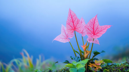 This image showcases delicate pink leaves with intricate vein patterns set against a soft blue background, creating a serene and tranquil atmosphere.の素材