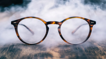 A pair of stylish round glasses rests on a wooden surface, enveloped in soft, swirling smoke, creating a unique and artistic visual effect.の素材