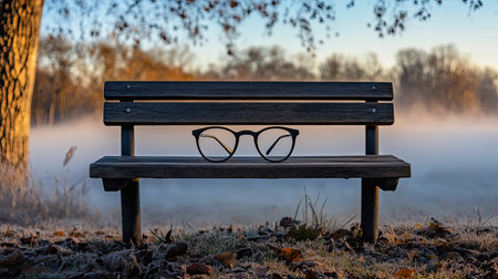 A captivating image of a pair of glasses resting on a wooden bench, set against a serene autumn morning landscape filled with fog and gentle sunlight.の素材