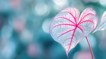This stunning image features a heart-shaped leaf with intricate pink veins set against a dreamy blue bokeh background, capturing the essence of nature's beauty.の素材