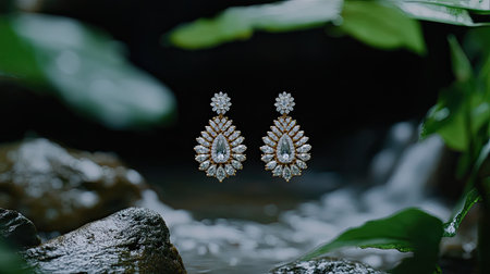 Captivating earrings featuring intricate designs with stunning gemstones set against a serene backdrop enhance beauty and elegance. Perfect for stylish occasions.の素材
