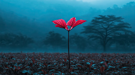 A stunning red leaf sprouts from dark earth, surrounded by a tranquil misty blue landscape, symbolizing beauty and resilience in nature's embrace.の素材