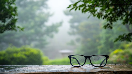 A pair of glasses rests on a stone surface, surrounded by lush greenery and a misty backdrop, creating a serene and tranquil atmosphere in nature.の素材