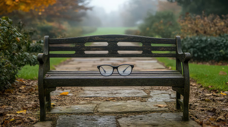 A serene and tranquil scene featuring an empty park bench with glasses resting on it, set against a foggy autumn landscape. The pathway invites reflection.の素材