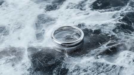 An elegant silver ring rests on a stunning marble surface, showcasing sophisticated textures and reflections that evoke a sense of luxury and beauty.の素材