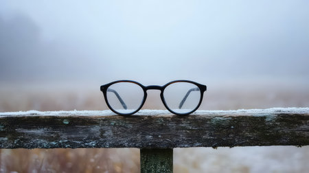 A pair of stylish black glasses resting on a frosty wooden fence in a serene misty landscape, evoking feelings of tranquility and beauty.の素材