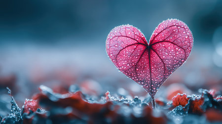 A mesmerizing heart-shaped leaf glistens with dew drops, showcasing its intricate veins against a blurred natural background, creating a serene atmosphere.の素材