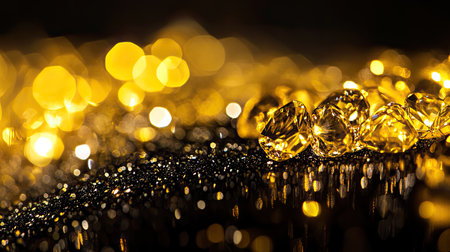 This captivating image features shimmering yellow diamonds resting on a textured black surface, surrounded by glimmering bokeh lights. The luxurious feel creates an elegant visual experience.の素材