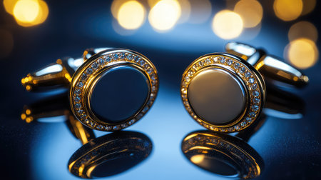 This image showcases stunning gold cufflinks adorned with diamonds, ideal for enhancing formal attire. The luxurious details capture elegance, reflection, and style.の素材