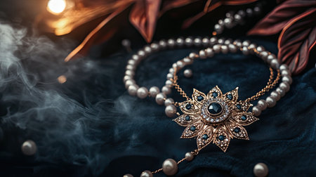 This captivating image features an elegant vintage necklace adorned with pearls and intricate gemstones, set against a dark background. Soft lighting and wisps of smoke create a romantic atmosphere, highlighting the exquisite craftsmanship and luxury of the piece. Perfect for jewelry lovers and fashion enthusiasts.の素材