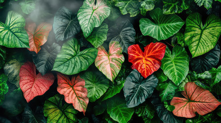 A stunning closeup of various green and red leaves, showcasing a rich tapestry of textures and colors, perfect for nature lovers and eco-themed projects.の素材