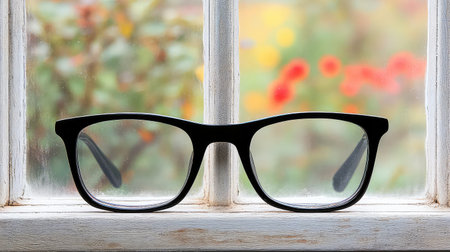 A pair of stylish black eyeglasses rests elegantly on a wooden windowsill, framed by a soft-focus view of a colorful garden, blending comfort and style.の素材