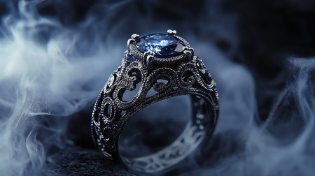 This captivating image showcases an elegant vintage ring adorned with a striking blue gemstone. The intricate design and dramatic smoky background enhance the luxury and beauty of this exquisite jewelry piece.の素材