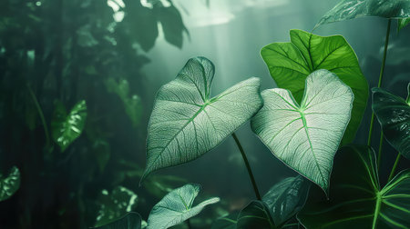Explore a captivating close-up of heart-shaped leaves nestled in a vibrant tropical setting. Soft natural light highlights their intricate textures and unique beauty.の素材