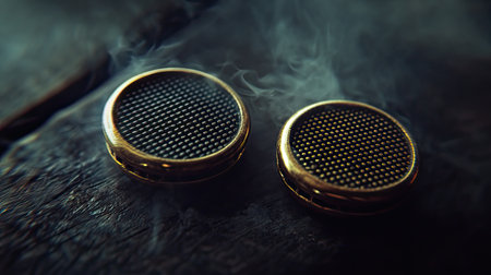 A vintage matchbox beautifully designed with a golden rim, resting on a weathered wooden surface. Smoke swirls gently around, enhancing the nostalgic atmosphere.の素材