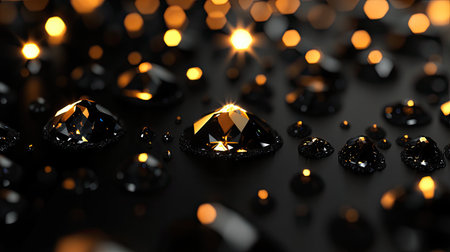 This artistic close-up showcases glimmering water drops on a dark surface with sparkling lights, creating an enchanting and luxurious abstract background perfect for design projects.の素材