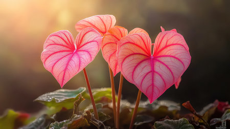 A stunning close-up of heart-shaped leaves displaying vibrant pink hues, beautifully illuminated by soft sunlight in a natural setting.の素材