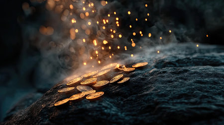 A captivating arrangement of glimmering coins on a dark surface, enhanced by floating sparkles, creating an enchanting and mystical atmosphere.の素材