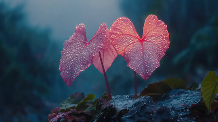 This stunning close-up showcases heart-shaped leaves adorned with water droplets, capturing a serene morning in a misty tropical landscape.の素材