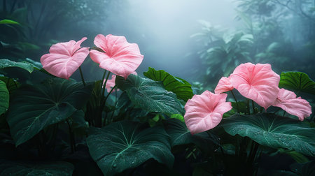 A stunning image showcasing vibrant pink flowers nestled among lush green leaves in a tranquil, misty tropical setting, evoking peace and beauty.の素材