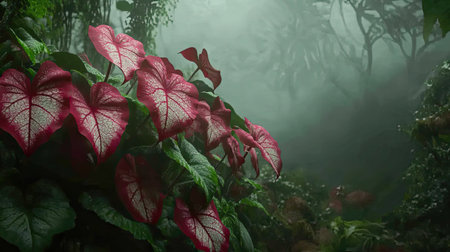 This stunning image showcases vibrant red leaves amidst lush greenery, creating a captivating tropical forest atmosphere shrouded in mist.の素材