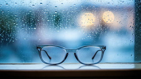 A pair of stylish eyeglasses rests on a windowsill, surrounded by rain droplets clinging to the glass, creating a serene indoor atmosphere.の素材