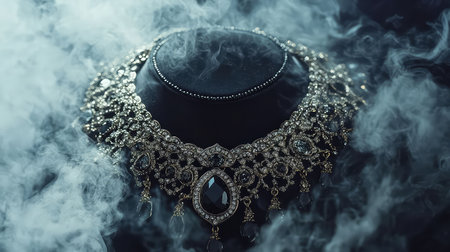 A stunning luxury necklace featuring shimmering stones and dark gems, elegantly displayed against a smoky backdrop, creating a captivating and mysterious ambiance.の素材