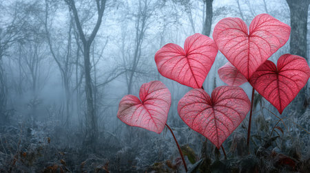 Heart-shaped pink leaves emerge from a frosty ground in a misty forest, creating a serene and enchanting atmosphere that captivates nature lovers.の素材