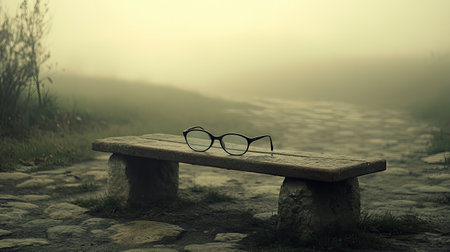 A serene image featuring a wooden bench and glasses resting on it in a foggy landscape, evoking feelings of solitude and contemplation in nature.の素材